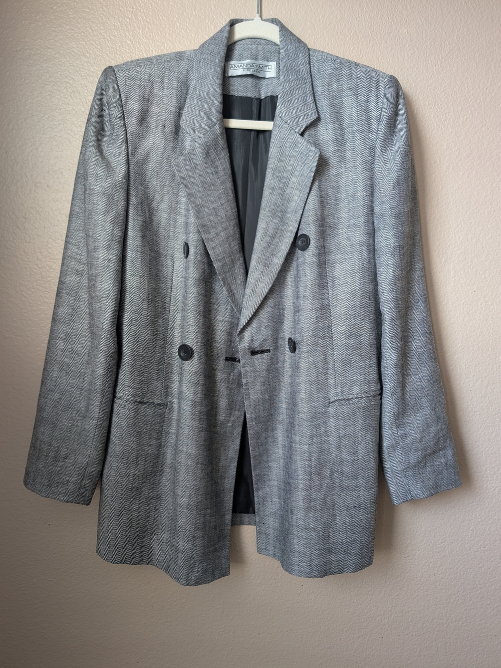 Vintage Amanda Smith Pure Linen Herringbone Double Breasted Oversized Blazer 6